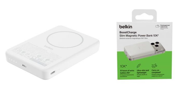 Акумулятор портативний літій-іонний Power Bank Belkin 10000мА·год, 20Вт PD/Qi2 7.5Вт, Slim Magnetic, білий