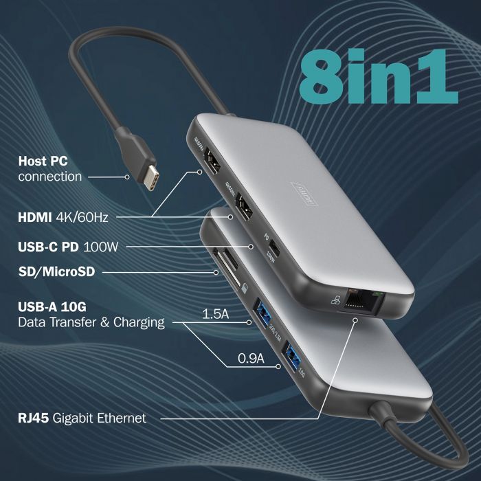 Док-станція DIGITUS USB-C > 2xHDMI/2xUSB-A/USB-C/SD/MicroSD/RJ54