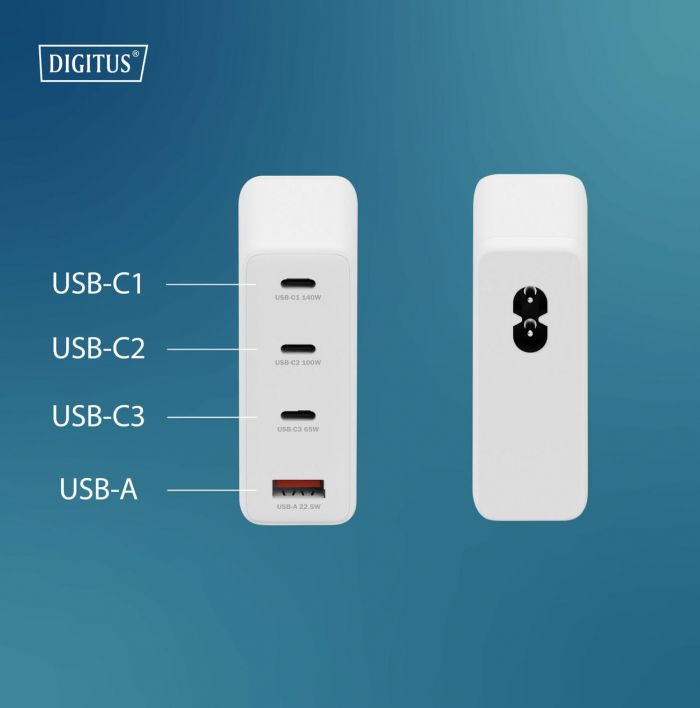 Зарядний пристрій DIGITUS GaN 3хUSB-C, 1хUSB-A, 140W