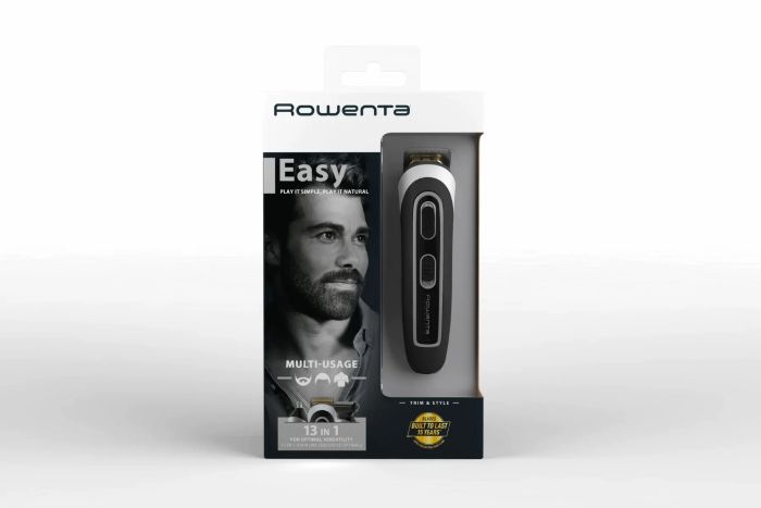 Тример Rowenta Trim & Style, для бороди, вусів, голови и тіла, мережа+акум., роторний мотор, насадок-11, чохол, титан.напил., чорно-сріблястий
