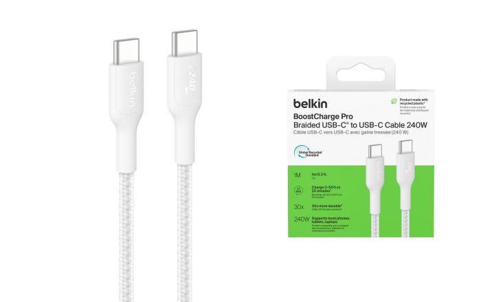 Кабель Belkin USB-C > USB-C заряджання/синхронізації 240Вт PD, 1м, плетений, білий
