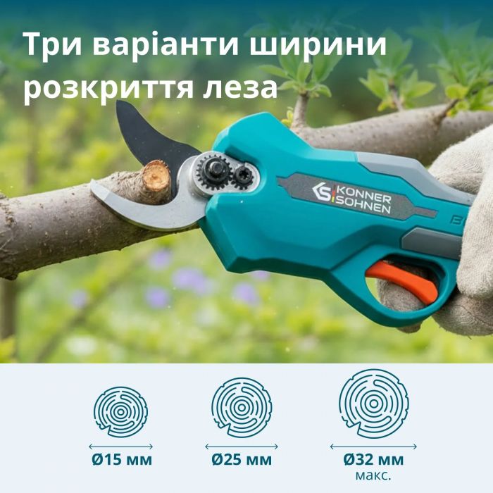 Секатор акумуляторний Konner&Sohnen KS CPS20V-32 Case PLUS 20В акб 2х2А·год d 15-32мм ЗП кейс 0.89кг