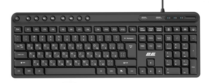 Клавіатура мембранна 2E KS1100 104key, 2xUSB HUB, USB-A, EN/UK, чорний