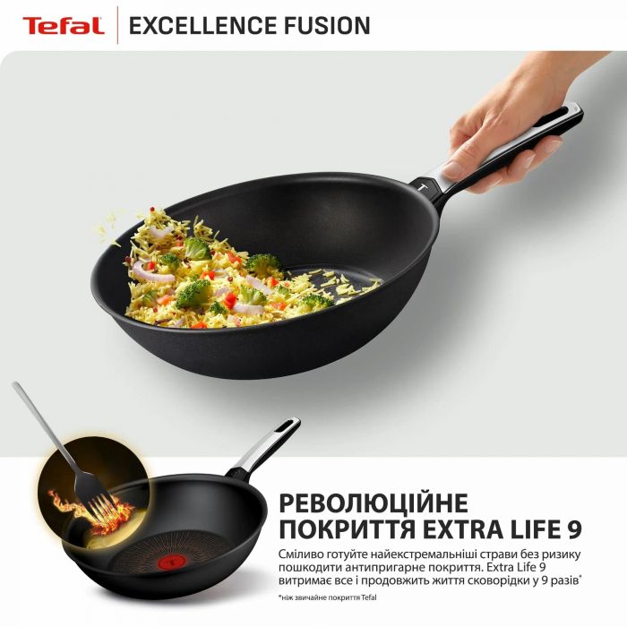Сковорода ВОК Tefal Excellence Fusion,28см, алюміній, нержавіюча сталь, бакеліт, чорний