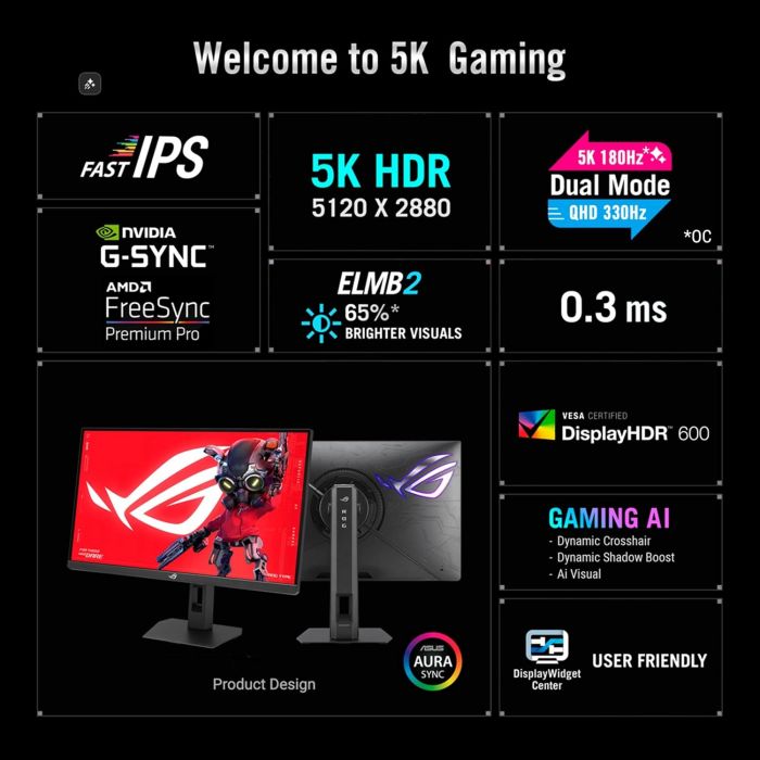 Монітор Asus 27" ROG Strix 5K XG27JCG 2xHDMI, DP, USB-C, 3xUSB, IPS, 5120x2880, 180Hz, 0.03ms, DCI-P3 97%, G-SYNC, FreeSync, Pivot, HDR600