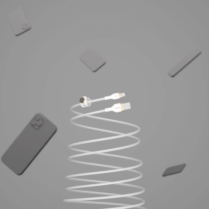 Кабель Belkin USB-A > Lightning заряджання/синхронізації 12Вт, 1м, плетений, силіконовий, з ремінцем на магніті, білий