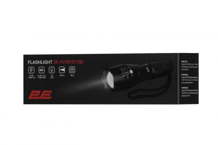 Ліхтар ручний акумуляторний 2E FLBL1812BI Micro-USB 1200мА·год 1200лм 10Вт 4 режими освітлення функція Power Bank IPX4 0.1кг