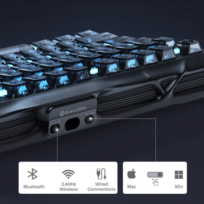 Клавіатура механічна GravaStar Mercury K1 80keys, GravaStar x Kailh Cheery Pink, EN, BT/WL/USB, Stealth Black