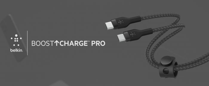 Кабель Belkin USB-C > USB-C заряджання/синхронізації 60Вт PD, 1м, плетений, силіконовий, з ремінцем на магніті, чорний