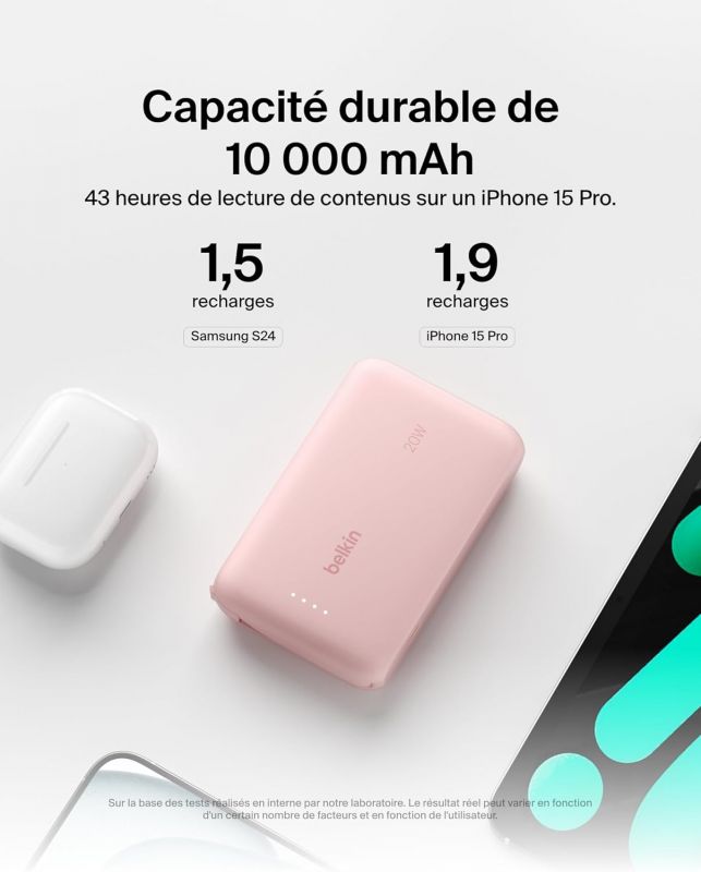 Акумулятор портативний літій-іонний Power Bank Belkin 10000мА·год, 20Вт, з інтегрованим кабелем USB-C, рожевий