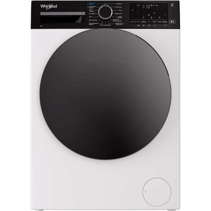 Пральна машина Whirlpool фронтальна, 8кг, 1400, C, 55см, дисплей, пара, інвертор, люк чорний, білий