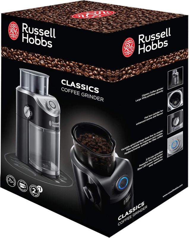 Кавомолка Russell Hobbs жорнова Classic, 140Вт, об'єм зерен-100г, регул.ступеню помолу, пластик, чорний