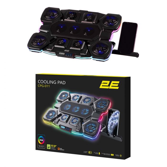 Підставка для ноутбука 2E GAMING CPG-011, до 17.3", 1xUSB-A, 1xUSB-C, LCD, RGB, чорний