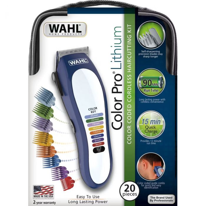 Машинка для стрижки Wahl Color Pro Lithium, мережа+акум., вібраційний мотор, насадок-10, кейс, масло та ножиці у компл., сталь, біло-синій