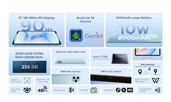 Планшет Doogee Tab G6 11" 6ГБ, 256ГБ, LTE, 8000мА•год, Android, сірий