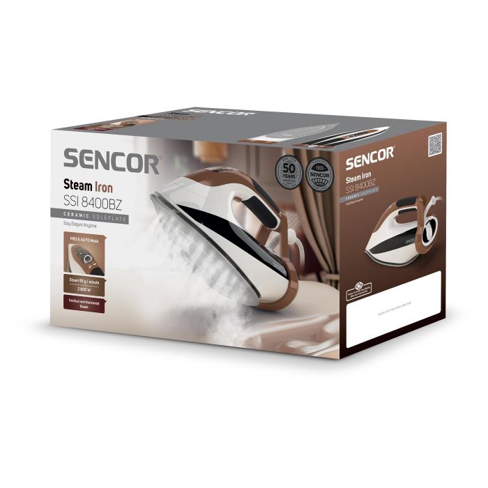 Праска Sencor, 2800Вт, 330мл, паровий удар -195гр, постійна пара - 55гр, pro та auto режими, керам. підошва, біло-коричневий