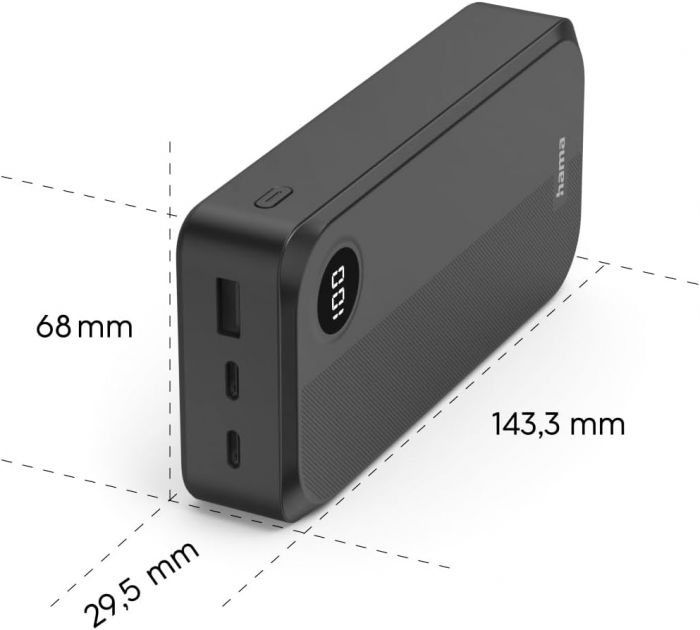 Акумулятор портативний літій-іонний Power Bank Hama 20000 мА·год, 2хUSB-C/USB-A, black