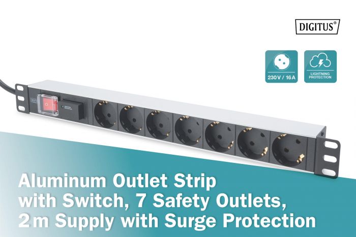 Пристрій розподілу електроживлення DIGITUS 1U, 7xSchuko, 16A, 250V, выключатель, SPD, вилка Schuko