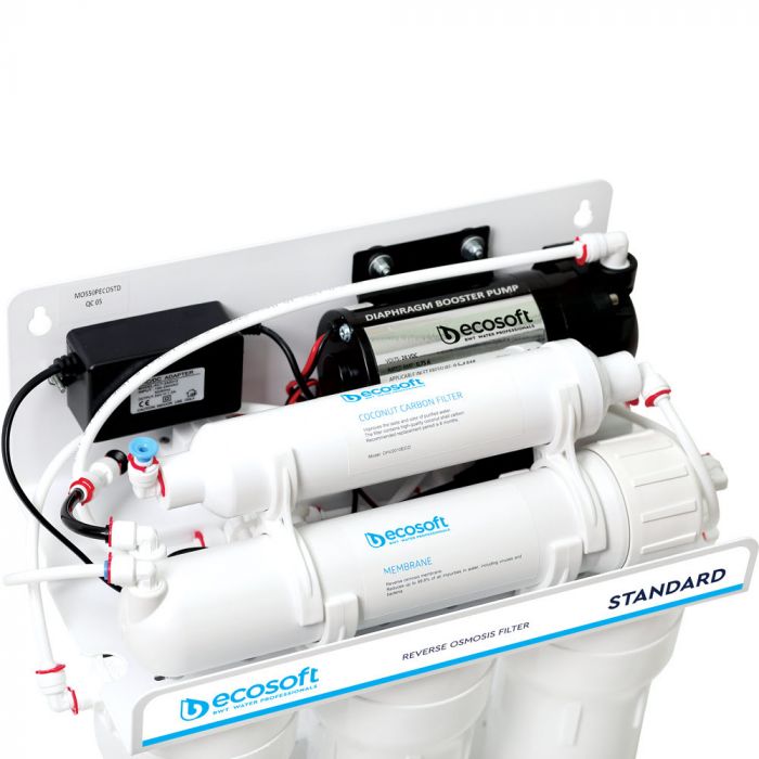 Фільтр зворотного осмосу Ecosoft Standard 5-50P PRO з помпою та мінералізатором, мембрана 50gpd, кран капля, дренаж 1:2