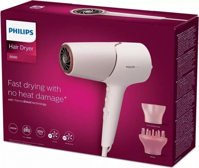 Фен Philips 5000 Series, 2300Вт, 3 режими, дифузор, іоніз-я, хол. обдув, біло-рожевий