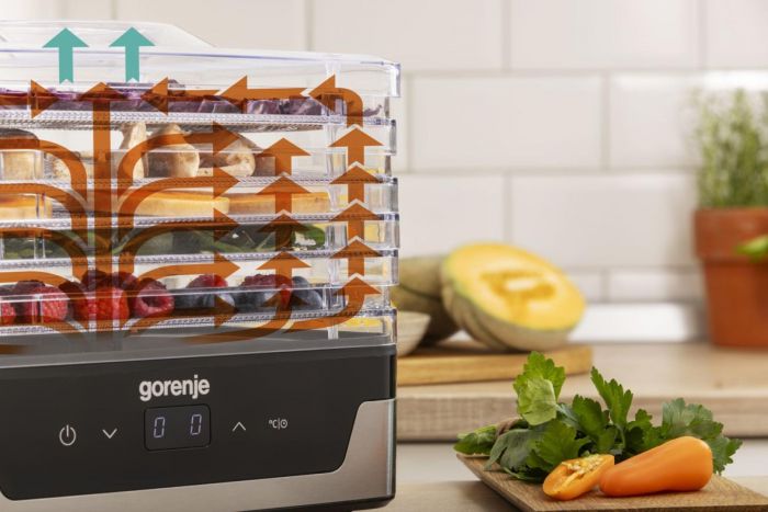 Сушарка для продуктів Gorenje 230Вт, піддонів - 5x2.8см, діаметр - 29см, макс - 75°С, електр.упр,білий