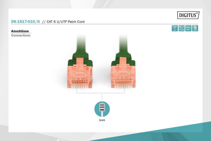 Патч-корд DIGITUS CAT 6 UTP, 1м, AWG 26/7, Cu, LSZH, зелений