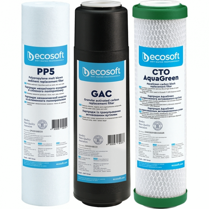 Комплект картриджів Ecosoft 1-2-3 для осмосу з функією економії води (поліпропілен+GAC+AquaGreen)