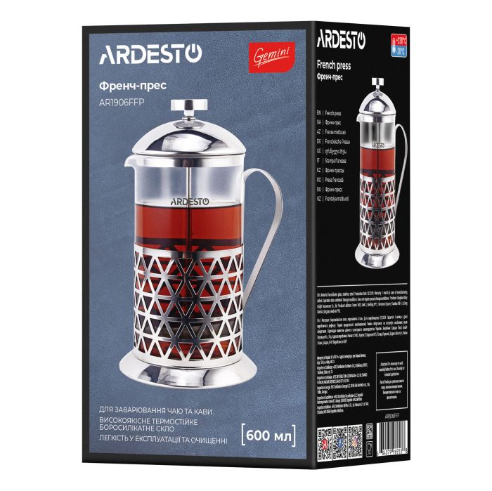Френч-прес ARDESTO Gemini Fasano, 600мл, боросилікатне скло, нержавіюча сталь, прозорий