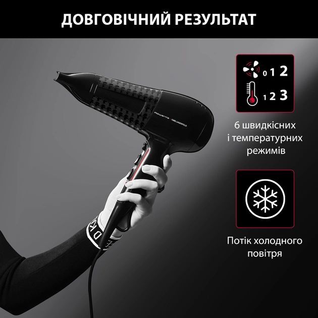 Фен Rowenta x Karl Lagerfeld Powerline, 2100Вт, 3 режими, дифузор, іоніз-я, хол. обдув, чорний