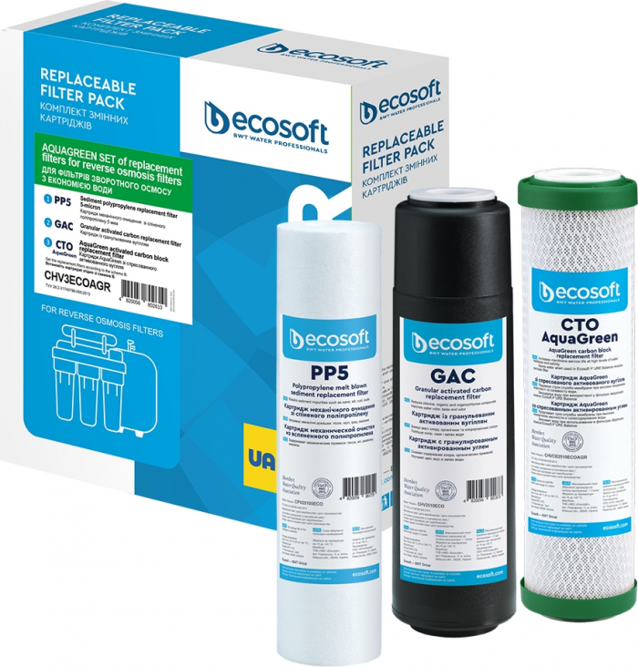 Комплект картриджів Ecosoft 1-2-3 для осмосу з функією економії води (поліпропілен+GAC+AquaGreen)