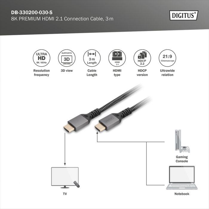 Кабель DIGITUS HDMI (M/M), 8K, Ultra High speed/Ethernet, 3м, чорний