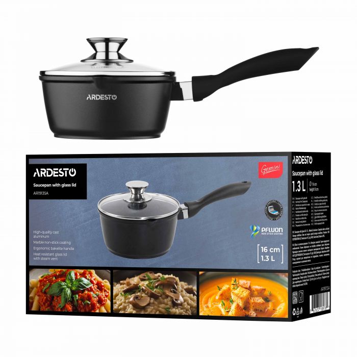 Ківш зі скляною кришкою ARDESTO Gemini Lazio, 1.3л, алюміній, чорний