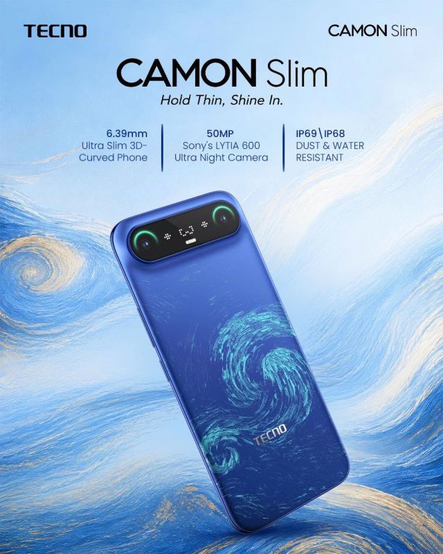 Смартфон TECNO Camon Slim (CN6c) 6.78" 8/128ГБ, 2SIM, 5600мА•год, Van Gogh Blue