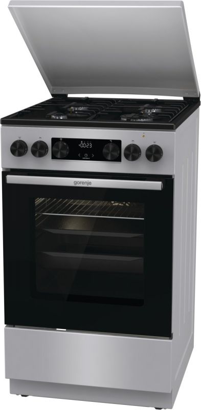 Плита Gorenje комбінована, 70л, 50x60см, метал. кришка, дисплей, IconLed, емальовані реш, титан