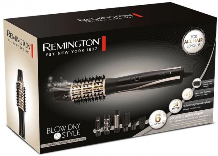 Фен-щітка Remington Blow Dry & Style Caring, 1200Вт, 2 режими, іоніз-я, хол. обдув, кейс для зберігання, кераміка, чорно-золотий