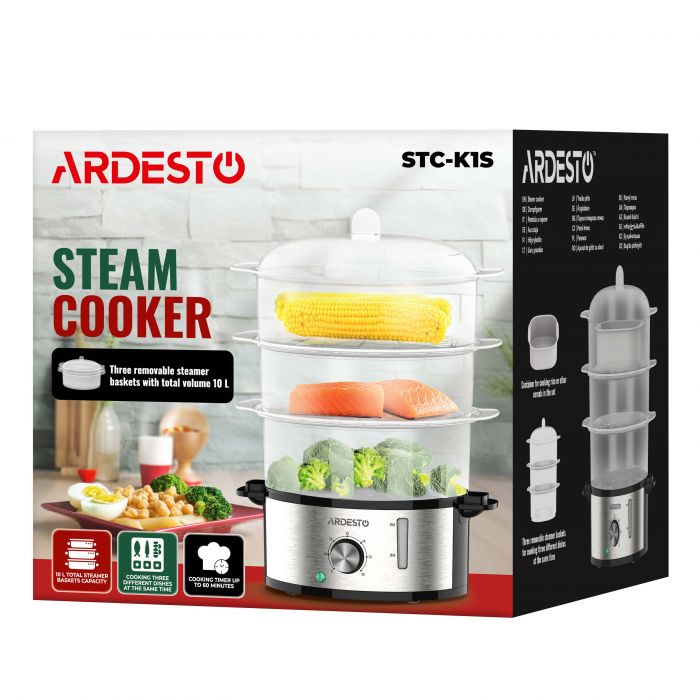 Пароварка ARDESTO 800Вт, чаша-3.4/3.4/3.4л, резервуар для води -1л, механічне керування, 3 яруси, метал/пластик, чорний