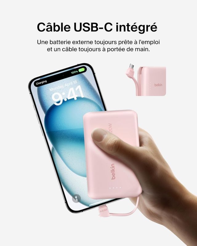 Акумулятор портативний літій-іонний Power Bank Belkin 10000мА·год, 20Вт, з інтегрованим кабелем USB-C, рожевий