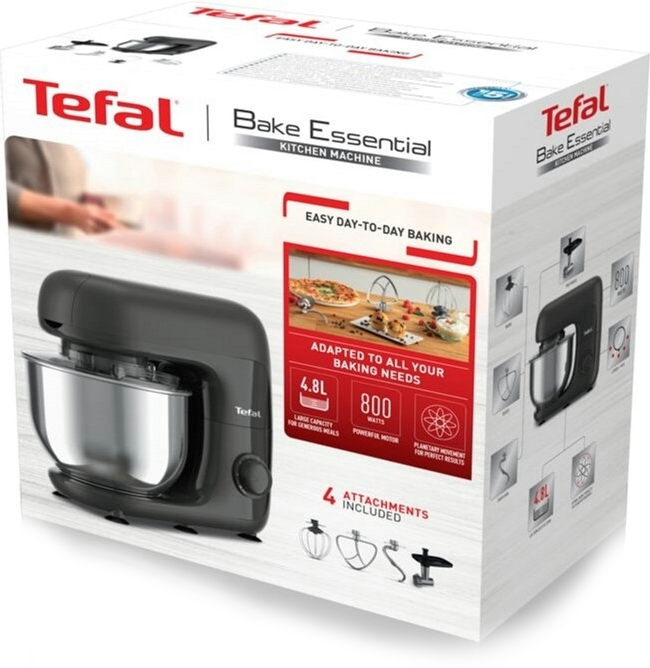 Кухонна машина Tefal Bake Essential 800Вт, чаша-метал, корпус-метал/пластик, насадок-4, чорний