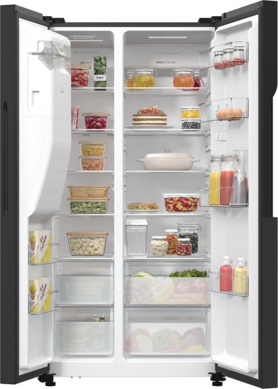 Холодильник SBS Gorenje, 179х70х92см, 2 двері, 376(190)л, А++, NF+, Інв., Зона св-ті, диспенсер, генератор льоду, Зовн. Диспл, чорний