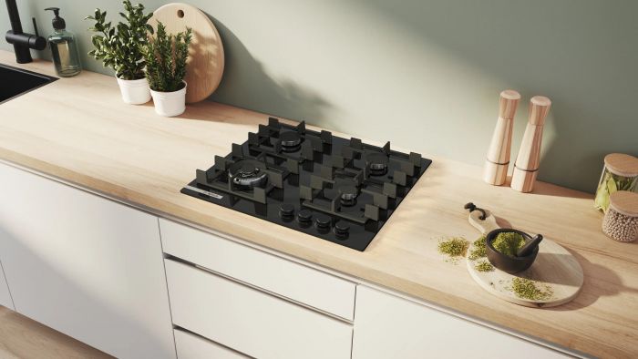 Варильна поверхня Bosch газова на склі, 60см, чавун, WOK, чорний