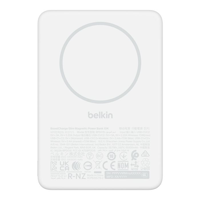 Акумулятор портативний літій-іонний Power Bank Belkin 10000мА·год, 20Вт PD/Qi2 7.5Вт, Slim Magnetic, білий