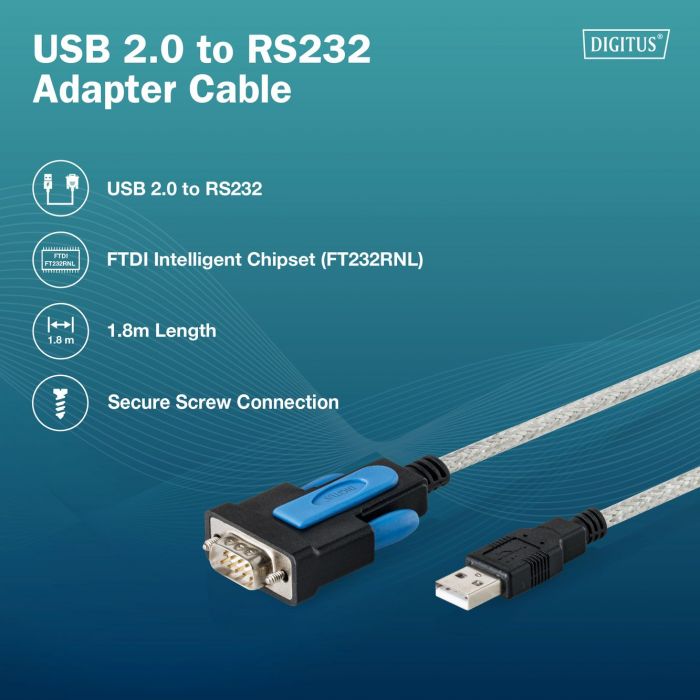 Адаптер DIGITUS USB-A > RS232 (M/M), FTDI, 1.8м