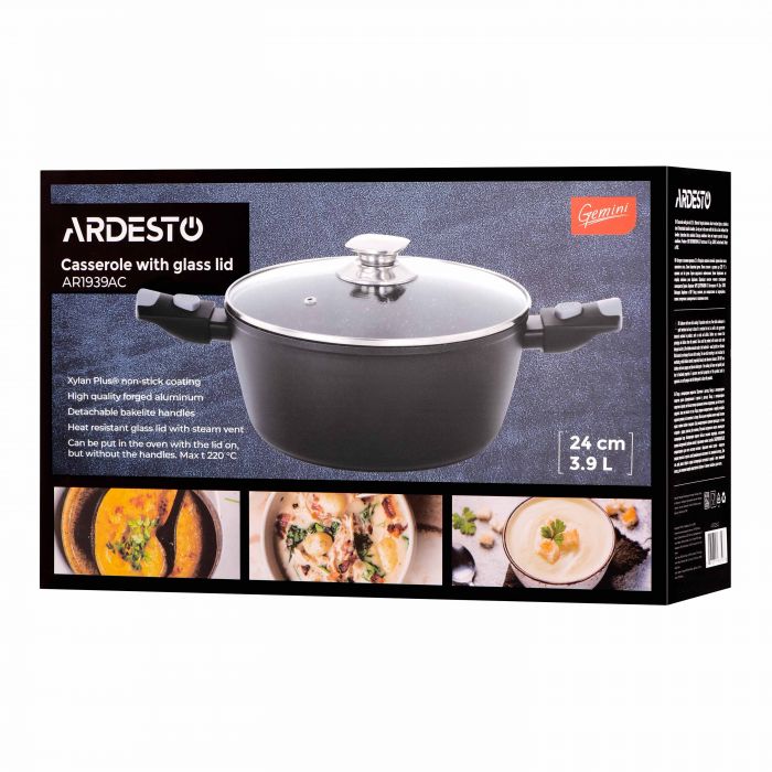 Каструля зі скляною кришкою ARDESTO Gemini Bari, 3.9л, алюміній, чорний