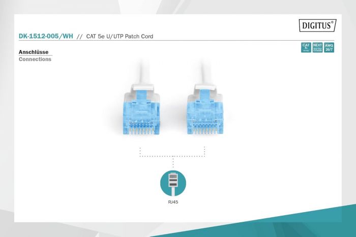 Патч-корд DIGITUS CAT 5e UTP, 0.5м, AWG 26/7, CCA, PVC, сірий