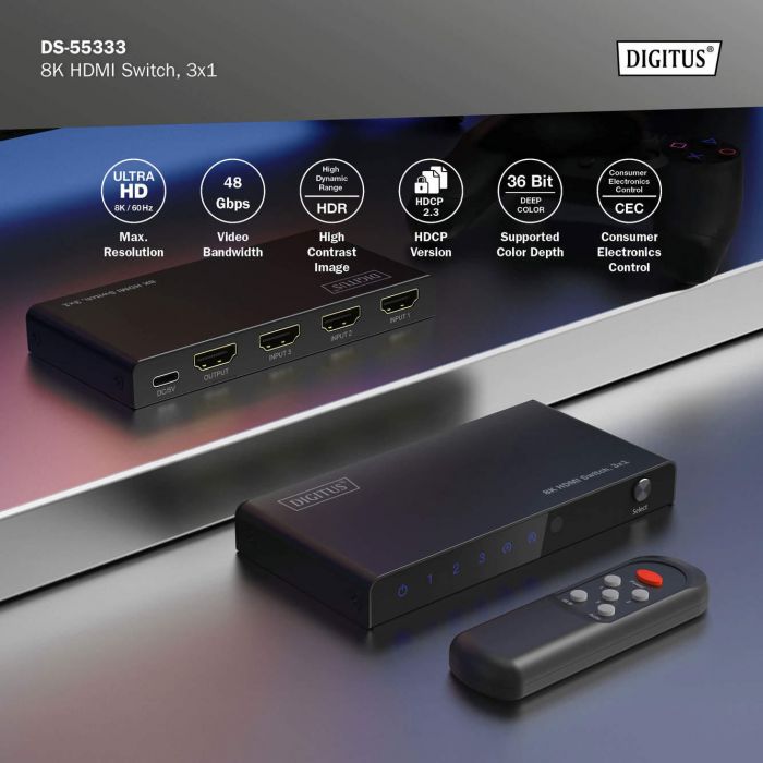 Відеокомутатор DIGITUS UHD HDMI (INx3 - OUTx1), 8K