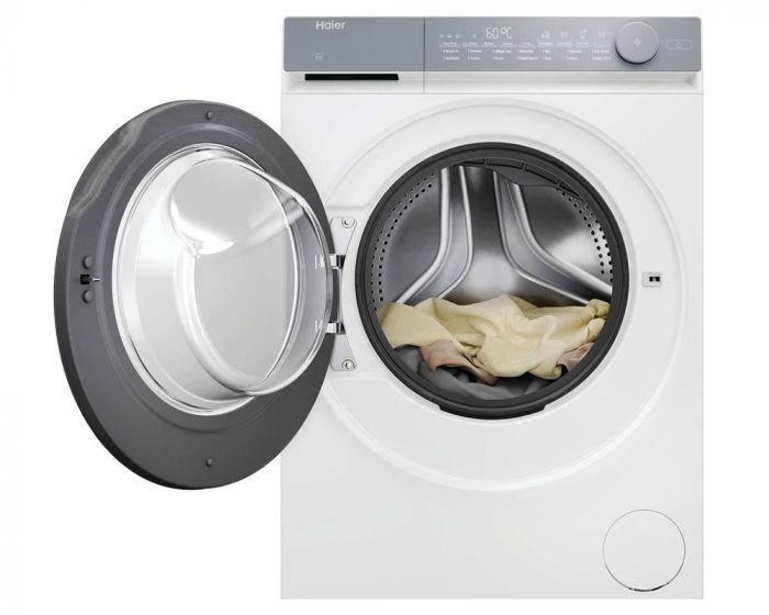 Пральна машина Haier фронтальна, 9кг, 1400, B, 45.2см, дисплей, пара, інвертор, люк сірий, прямий привід, білий