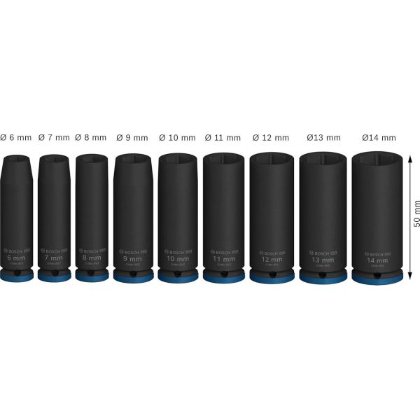 Набір ударних торцевих головок Bosch Professional Deep 9шт 1/4" 50мм