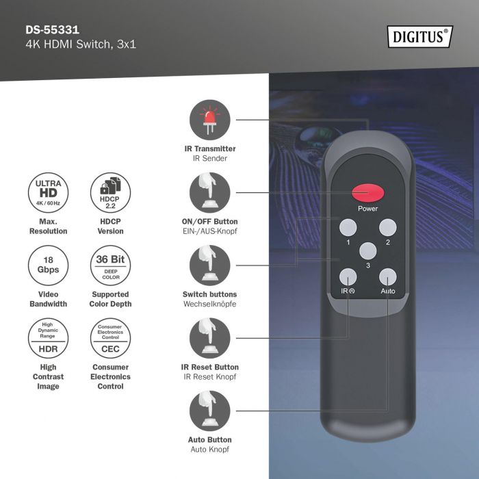 Відеокомутатор DIGITUS UHD HDMI (INx3 - OUTx1), 4K