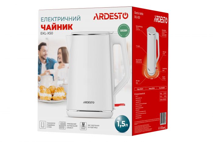 Електрочайник ARDESTO 1.5л, Strix, подвійні стінки, білий глянець