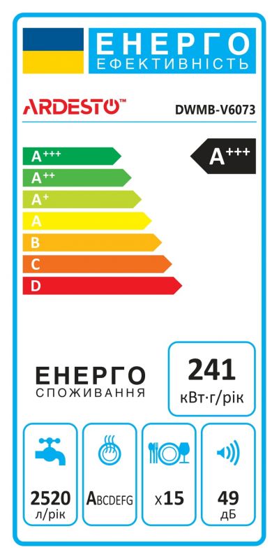 Посудомийна машина ARDESTO вбудовувана, 15компл., А+++, 60см, дисплей, 3й кошик, авт.відкр.дверей, чорний